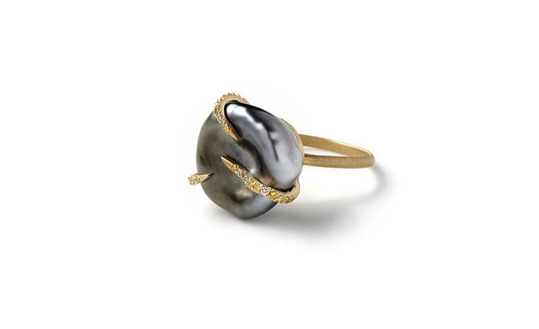 Monique Pean sustainably sourced grey Tahitian pearl ring with yellow gold and diamonds £7,575