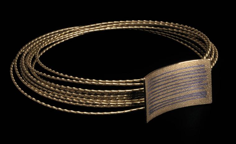 Jacqueline Mina necklace from 2004 in 18 carat gold with platinum wire fusion inlay and nine rows of 18 carat gold striptwist. Photo: Neil Mason