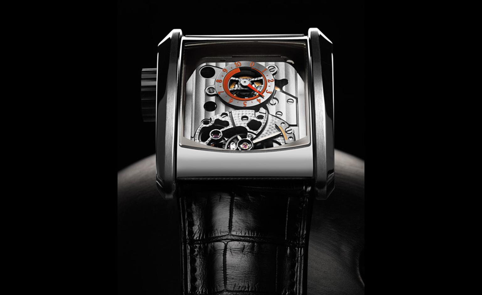 Movement of the Parmigiani Fleurier Bugatti Super Sport visible through the top of the watch.