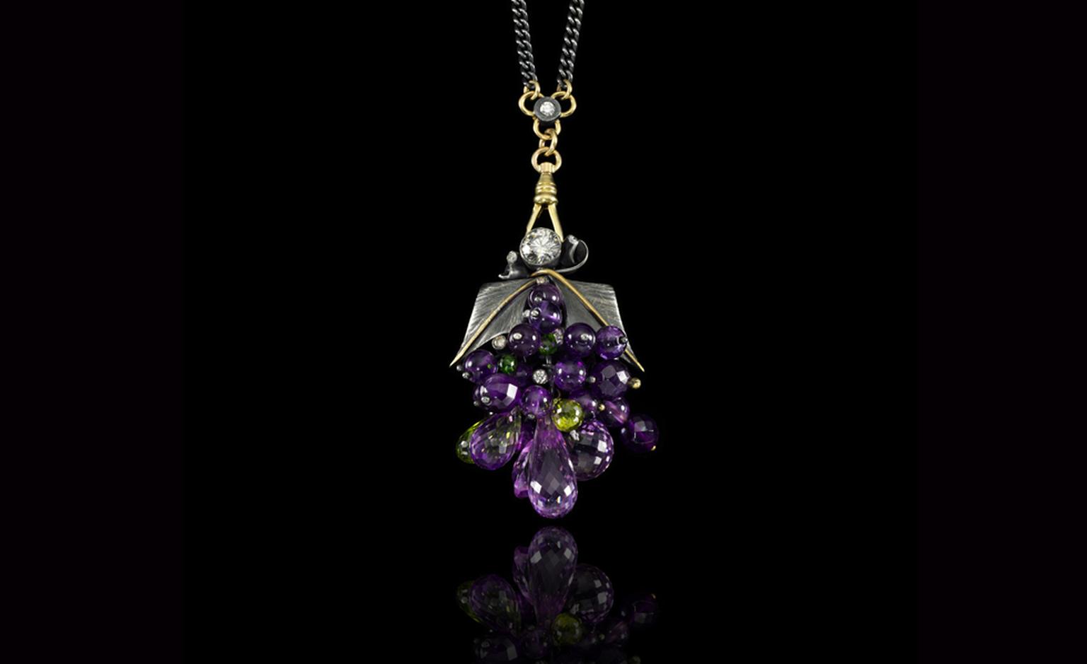 Jessica McCormack, ‘Gluttony’ gem-set, diamond, 18k yellow gold and silver pendent necklace, from the XIV collection. Designed as a cluster of facetted amethyst, period and chrome diopside, highlighted by brilliant-cut diamonds,   engraved silve...