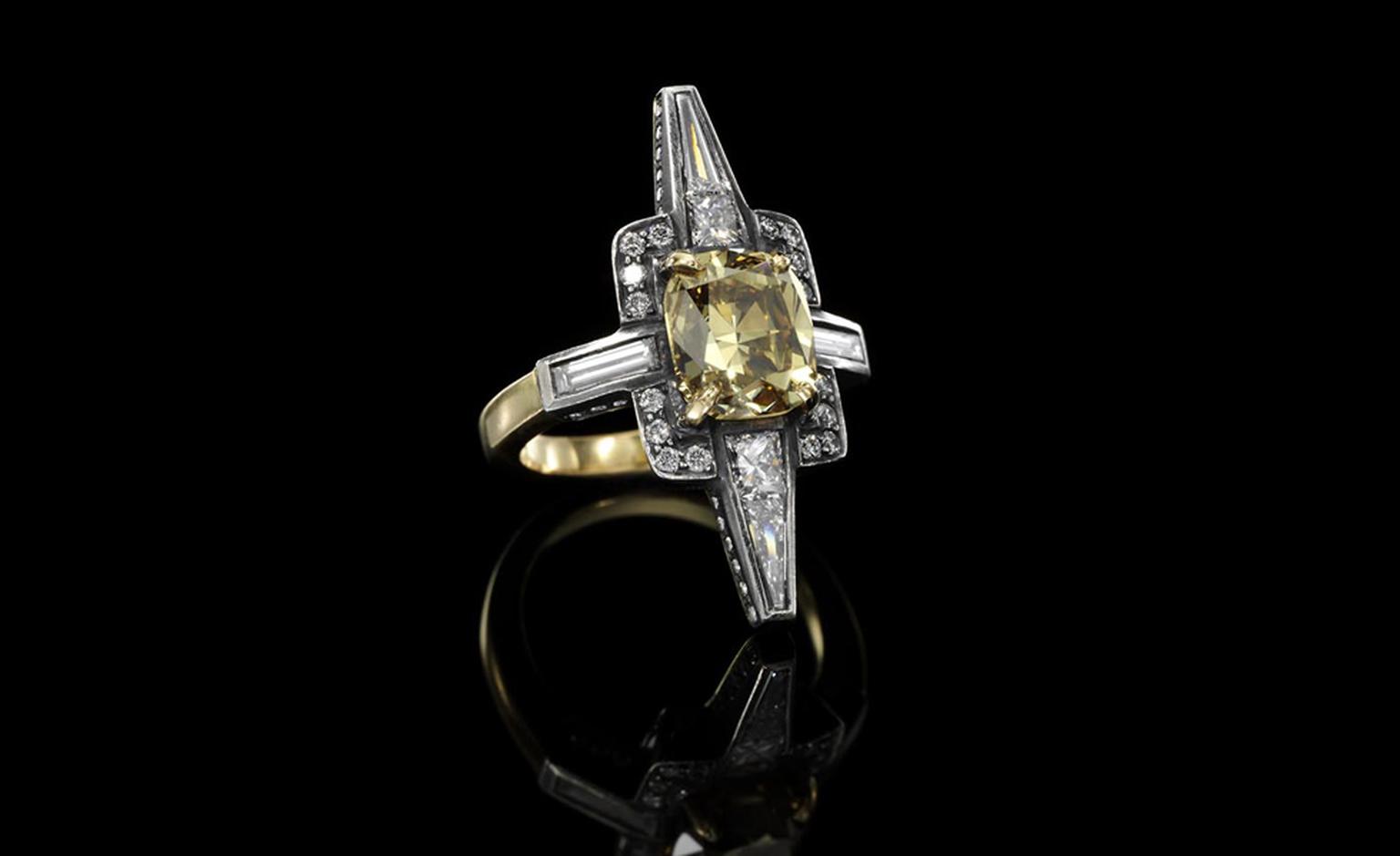 Jessica McCormck, ‘Pride’ diamond, 18k yellow gold and silver ring, from the XIV collection  Set at the centre with a cushion-shaped diamond weighing 3.66 carats of Natural Fancy Deep Brownish Yellow. POA