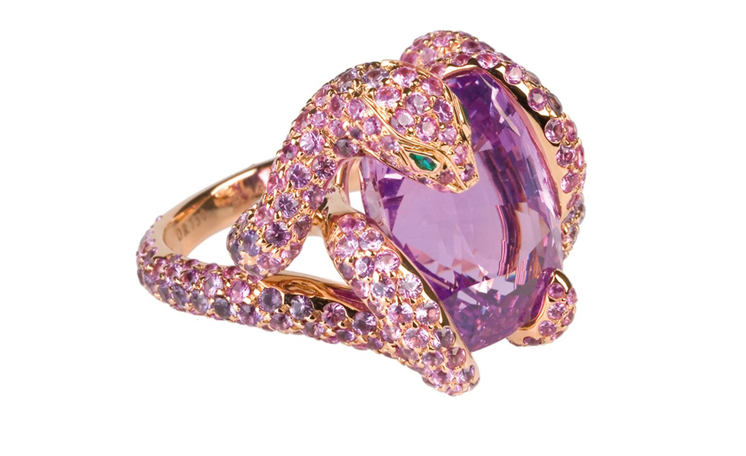 Boucheron Python ring with a Ceylon pink 17.36 carats cushion cut sapphire and 330 pink and 51 purple sapphires set into rose gold. Price: £244,000