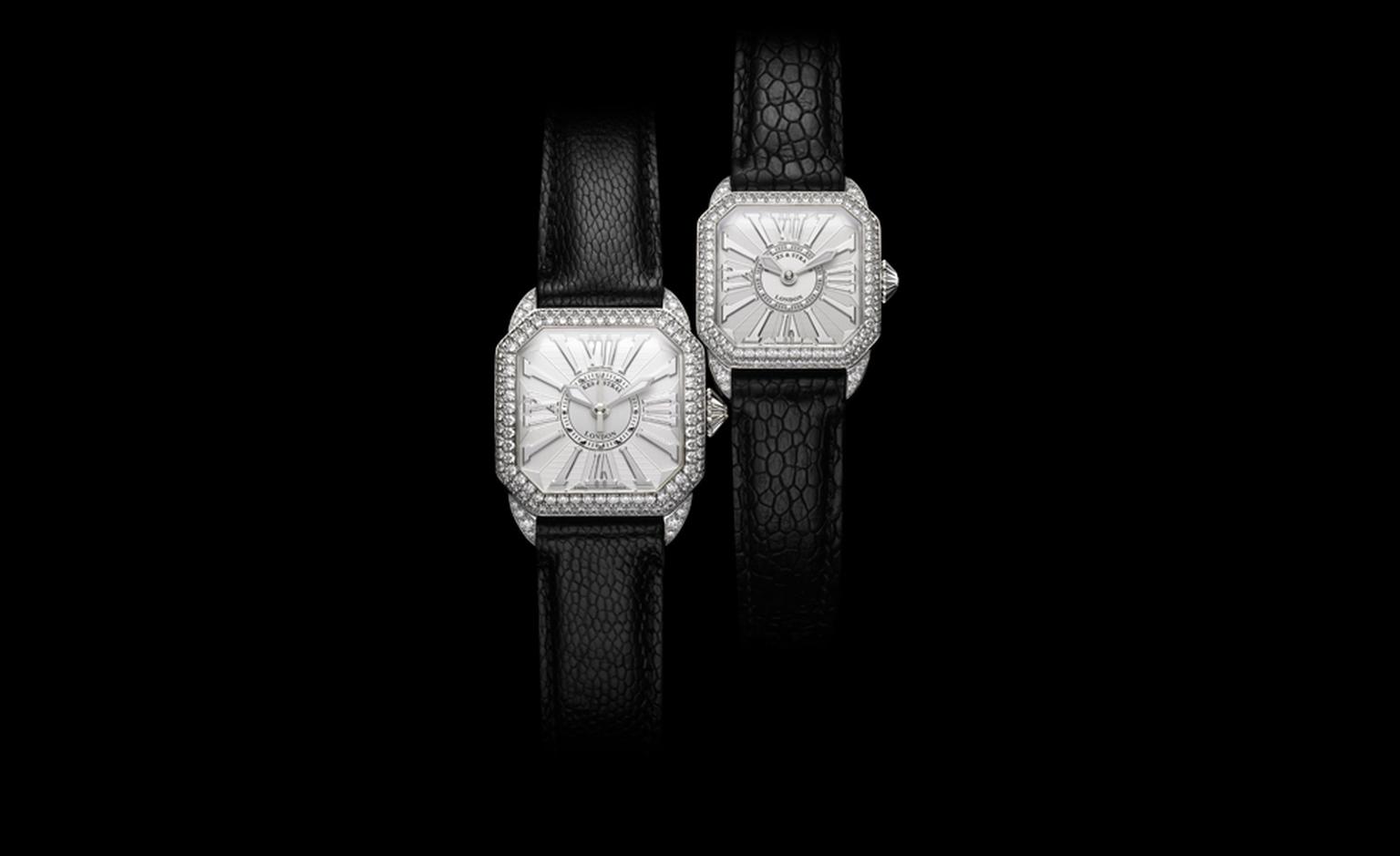 Backes & Strauss, pair of Berkeley watches in white gold. The white dial with white gold Roman numerals has 125  diamonds (2.39 carats). Price: £20,255. The second watch (behind) has 129 diamonds (1.77 carats). Price: £16,130