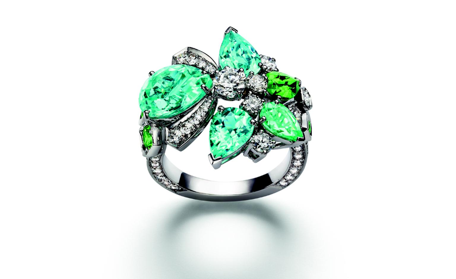 Chaumet Bee My Love ring with diamonds, tourmalines and tsavorite garnets.