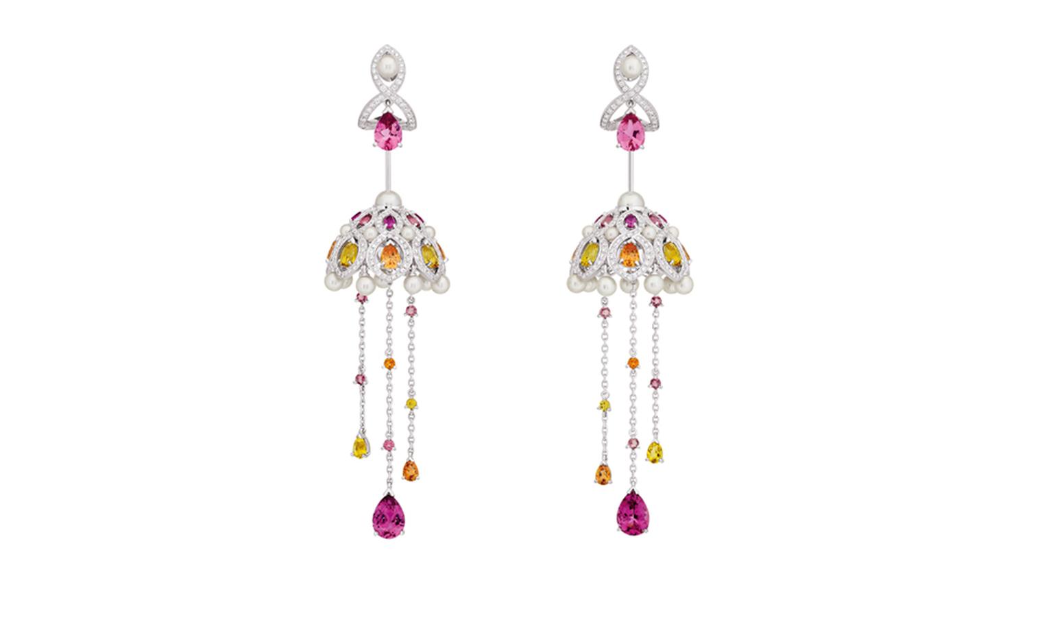 Chanel Secrets D'Orient Coupoles Earrings in 18 karat white gold, diamonds, cultured pearls, rebellites, pink tourmalines, garnets and citrines. POA