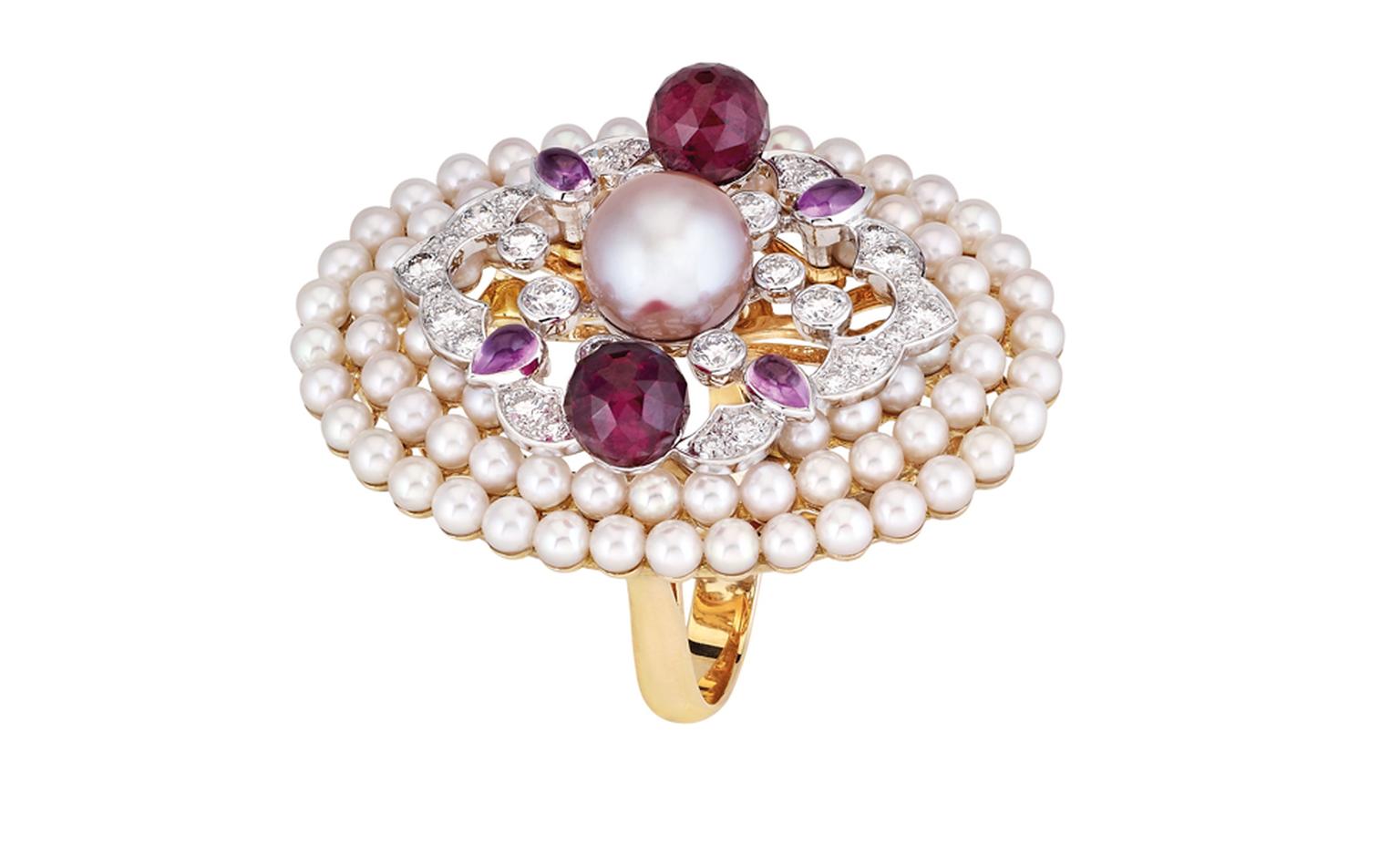 Chanel Secrets D'Orient Byzance Ring in 18 karat white and pink gold, diamonds, cultured pearls, pink sapphires and rubellites. POA