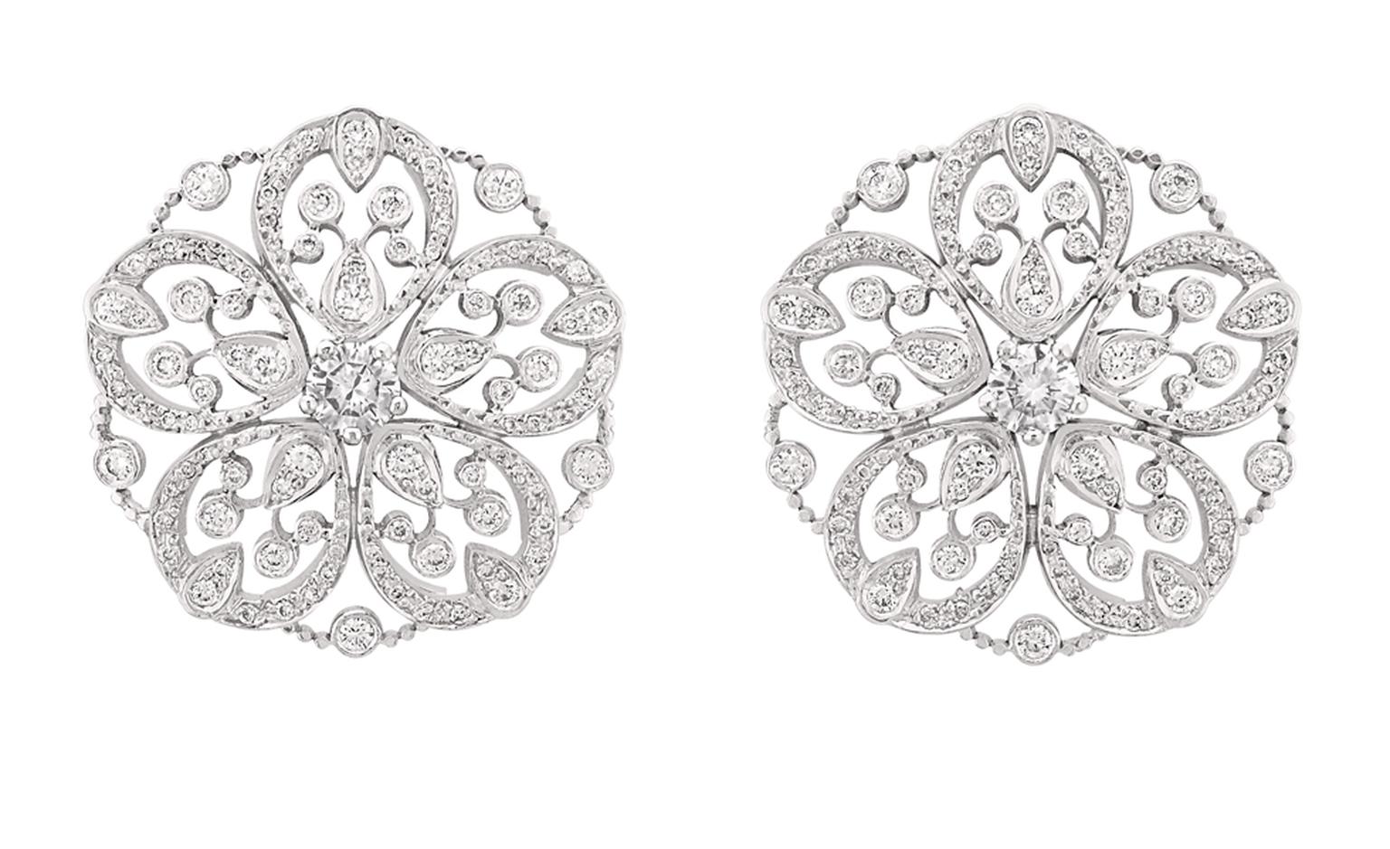 Chanel Secrets D'Orient Camelia Dentelle Earrings in 18 karat white gold and diamonds. POA