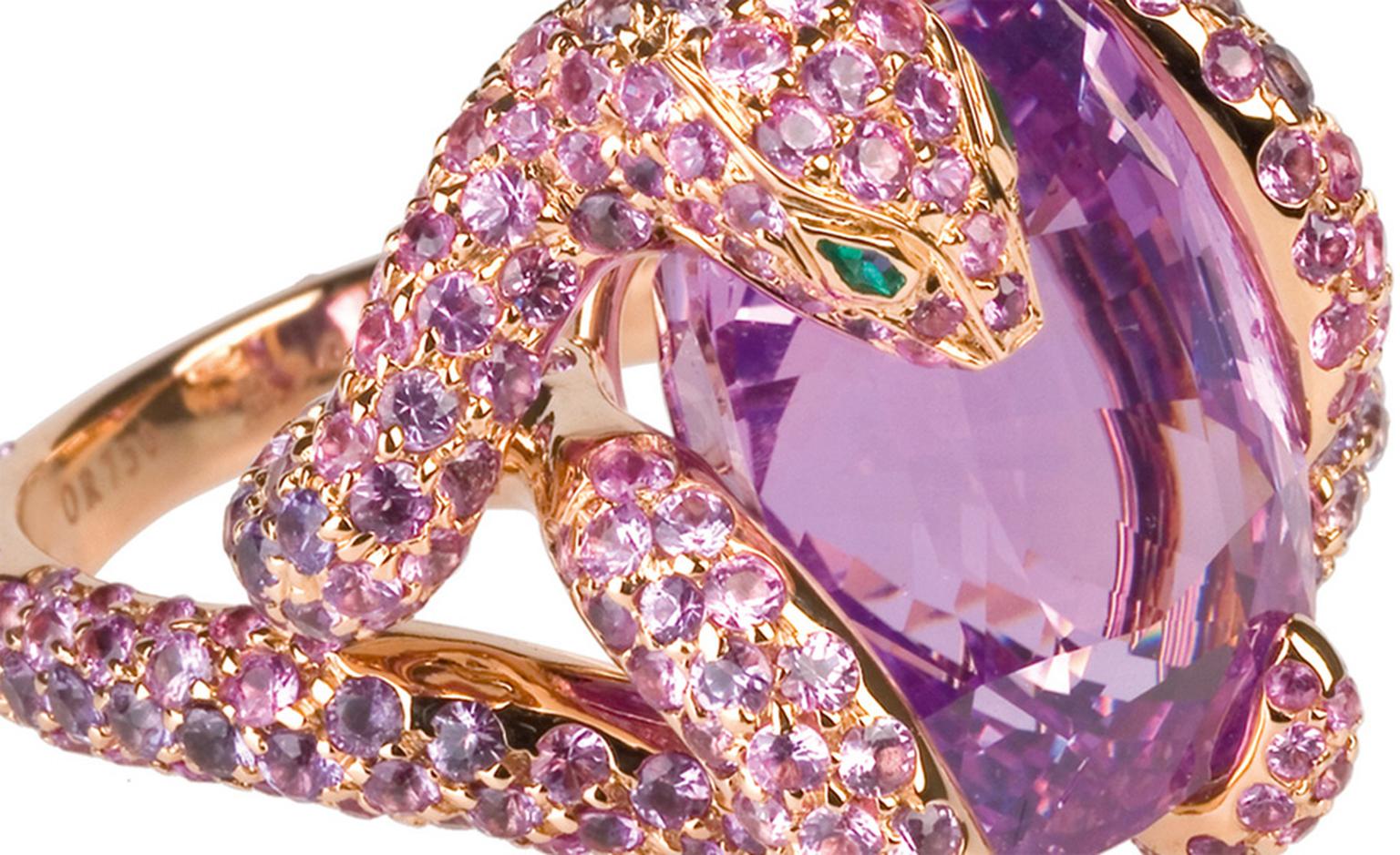 Detail of the Boucheron Python ring with a Ceylon pink 17.36 carats cushion cut sapphire and 330 pink and 51 purple sapphires set into rose gold. Price: £244,000