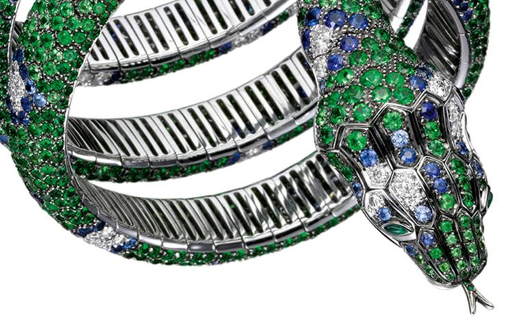 Detail of the Boucheron Python Bracelet with 700 tsavorites, 440 sapphires and 120 diamonds in white gold. Price: £166,000