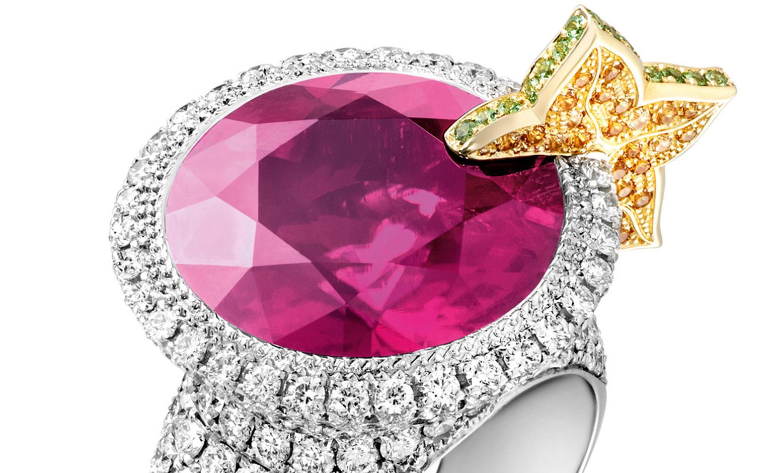 PIAGET, Limelight Cocktail inspiration, Close up of the Cosmopolitan Ring in white gold with diamonds, pink rubellite and citrine. POA