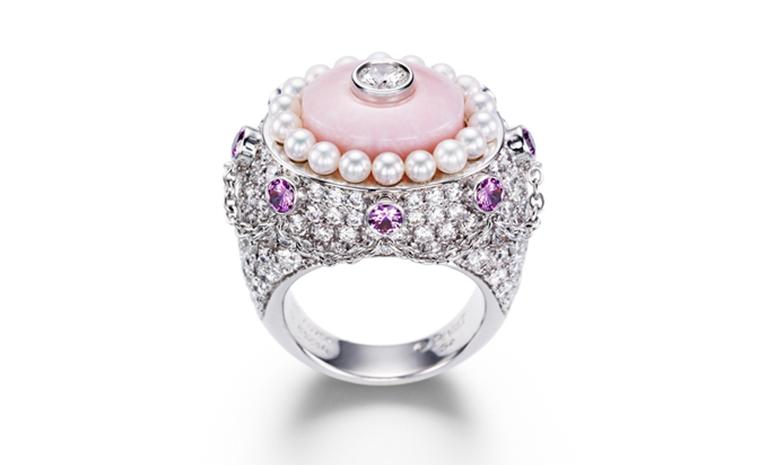 PIAGET, Limelight cake inspiration, Pastry Folly ring in white gold and diamonds, pink opal, pink sapphires and white pearls. POA