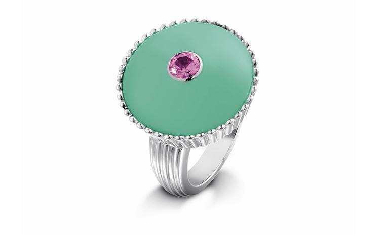 PIAGET, Limelight cake inspiration ring, Green Delice ring in white gold, pink sapphire and green chrysophrase. POA
