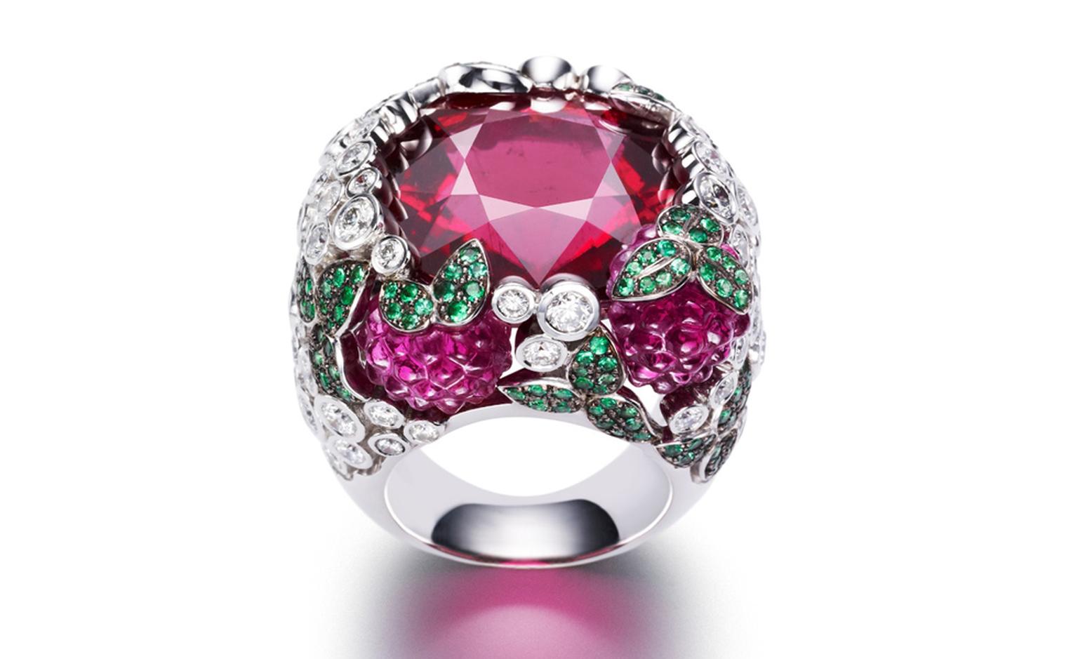 PIAGET, Limelight cocktail inspiration, Raspberry Daiquiri ring in white gold and diamonds, emeralds and rubellite. POA
