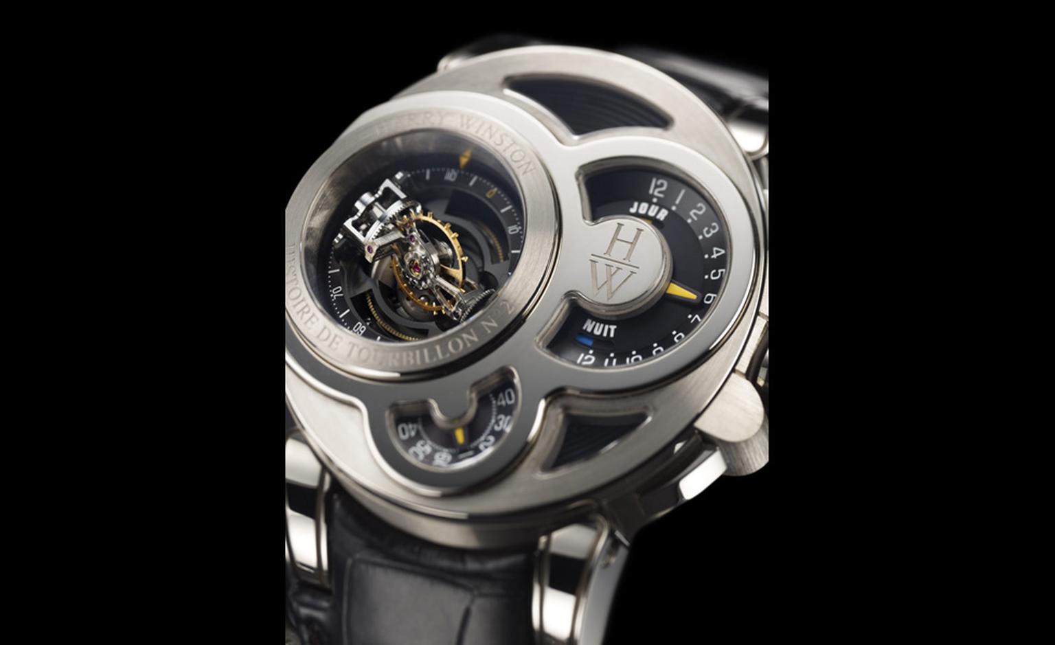 Harry Winston Histoire de Tourbillon presents another twist in the winding tale of the tourbillon. This bi-axial tourbillon appears to float as it is anchor is invisible.