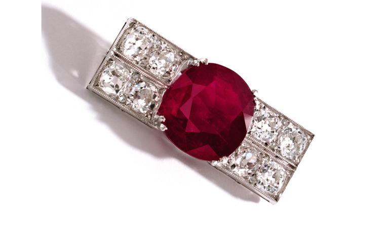 Lot 357 Platinum, Ruby and Diamond Brooch, Chaumet, France, Circa 1920 Est. $800,000/1.2 million. SOLD FOR $50,000