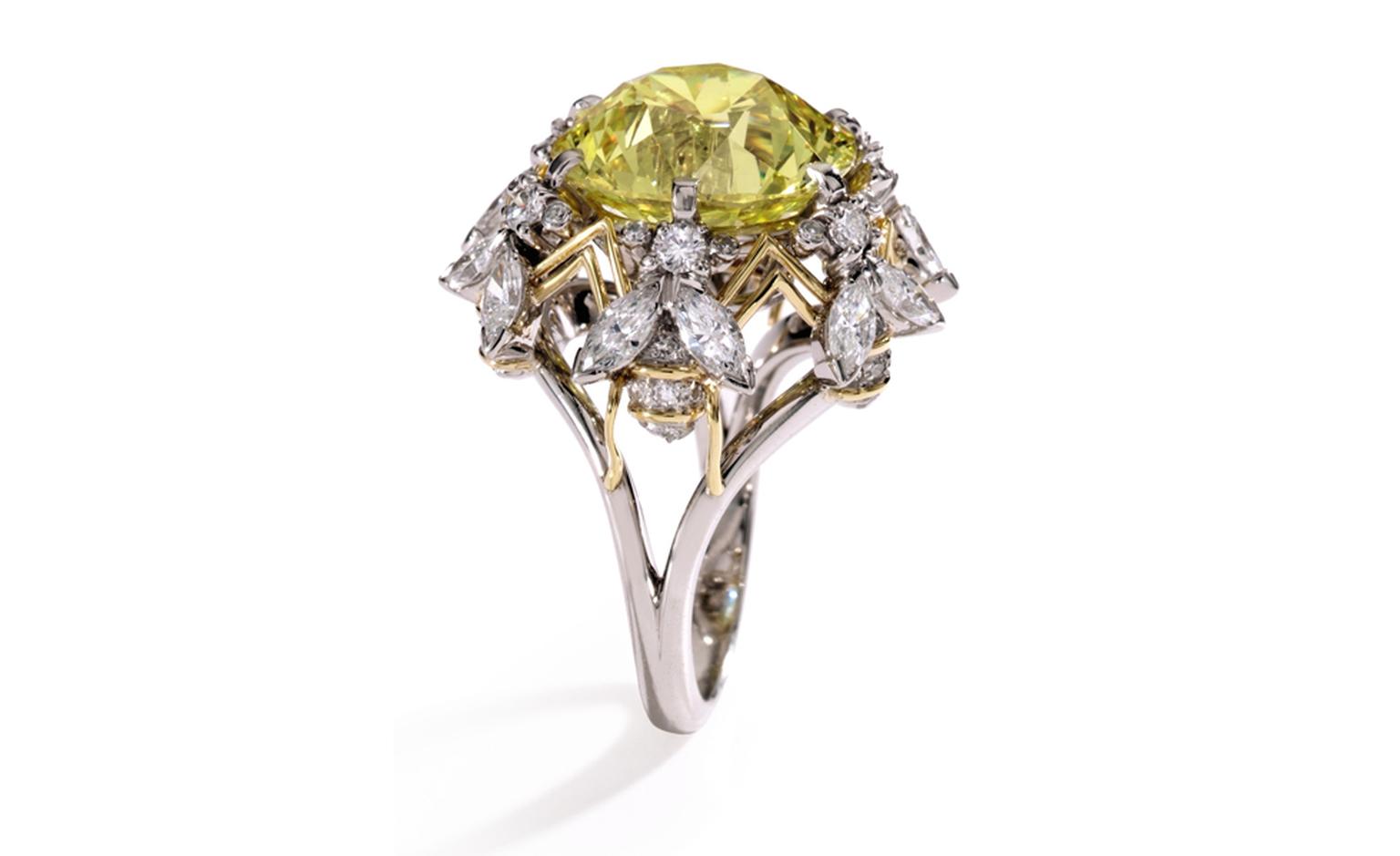 Lot 187 Platinum, 18 Karat Gold, Fancy Vivid Yellow Diamond and Near Colorless Diamond Ring, Schlumberger for Tiffany & Co., 1972 Est. $500/700,000. SOLD FOR $1,082,500