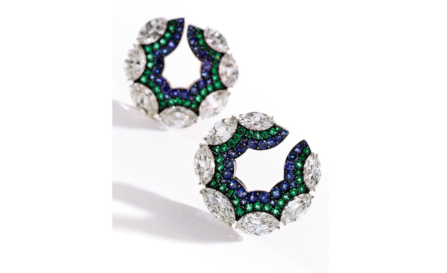 Lot 352 Pair of 18 Karat Gold, Silver, Diamond, Sapphire and Emerald Earclips, JAR, Paris, 1998 Est. $100/200,000. SOLD FOR $326,500