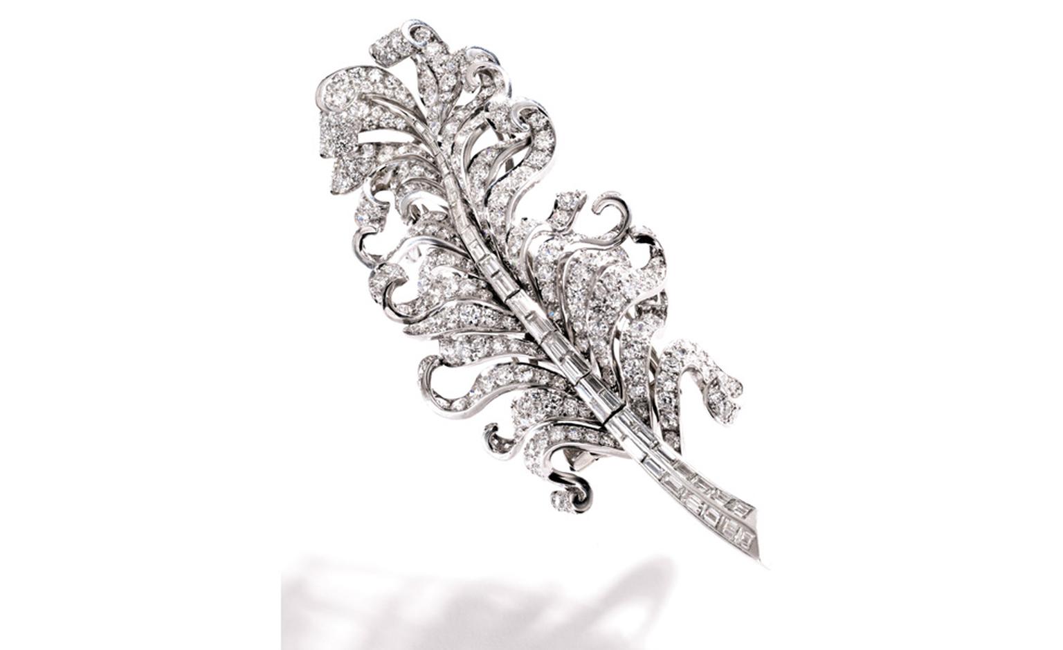 Lot 330 Platinum and Diamond Feather Brooch, Circa 1940, possibly designed by Verdura for Flato Est. $30/50,000. SOLD FOR $374,500
