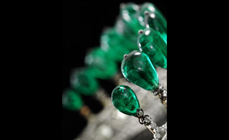 Detail of emerald tiara circa 1900 coming up for sale at Sotheby's Geneva May 17 Auction, from the collection of Princess Katharina Henckel von Donnersmarck