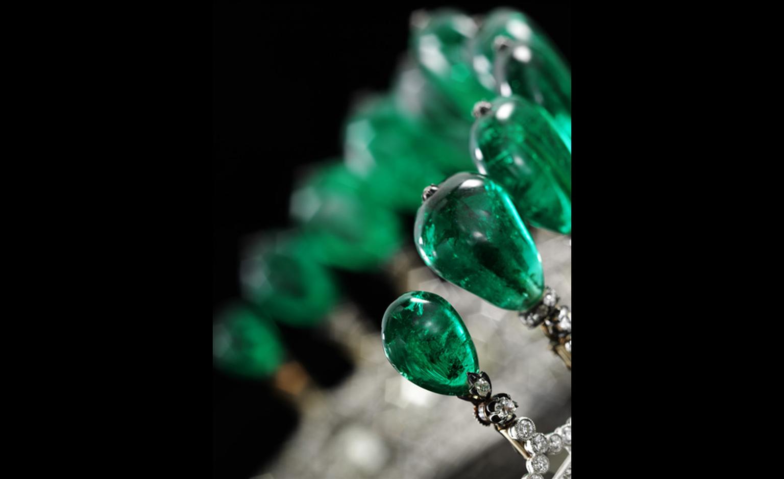 Close up of emerald tiara circa 1900 to be auctioned by Sotheby's in Geneva on 17 May with 11 rare Columbian emerald drops that may have been part of the French Imperial Crown jewels.
