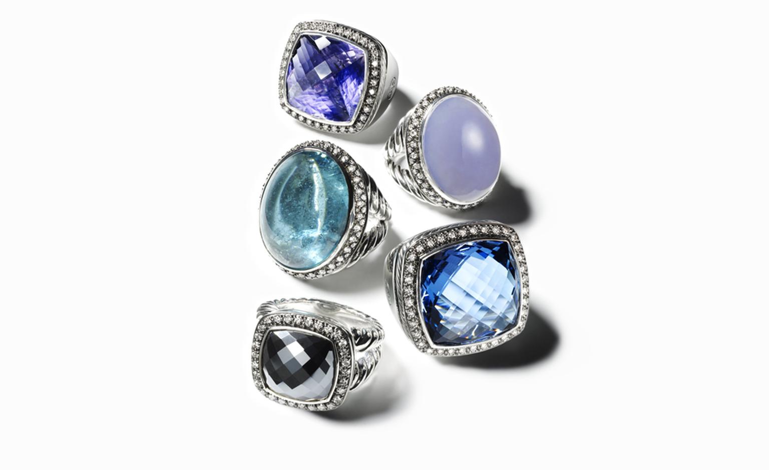 DAVID YURMAN, Lolite Albion Ring, POA. Blue Chalcedony Signature Oval Ring, $8,800. Green Tourmaline Signature, POA. Hampton Blue Topaz Albion Ring, $2550. Hematite Albion Ring, $1400