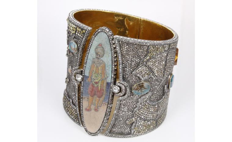 Sevan Biçakçi's Piri Reis bracelet showing a wealth of techniques including micromosiac, miniature painting, calligraphy and an intricate pave of diamonds that recreates this early cartographer's discoveries.