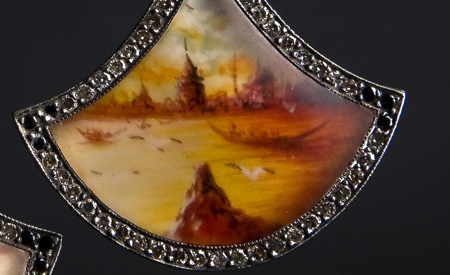 Close up of the beautiful miniature painting on Sevan Biçakçi's Golden Horn earrings.