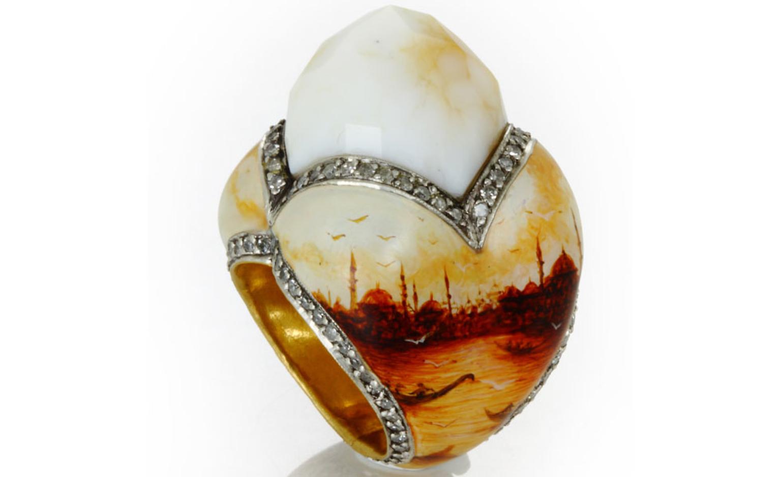 Sevan Biçakçi ring with miniature paintings of Istanbul on the sides and a quartz dome.