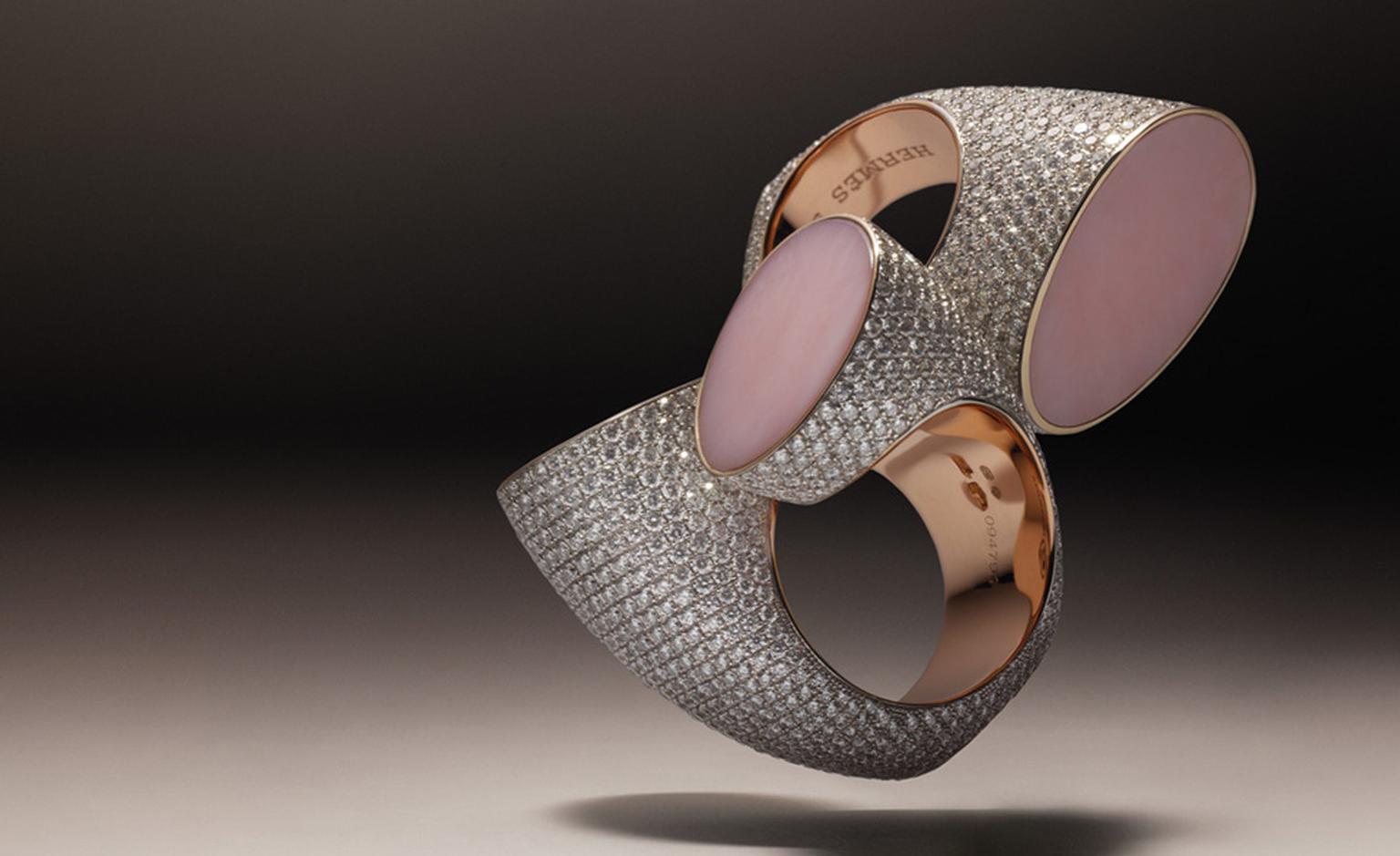 Hermès Centaure double and single rings in rose gold with diamonds and pink opal.
