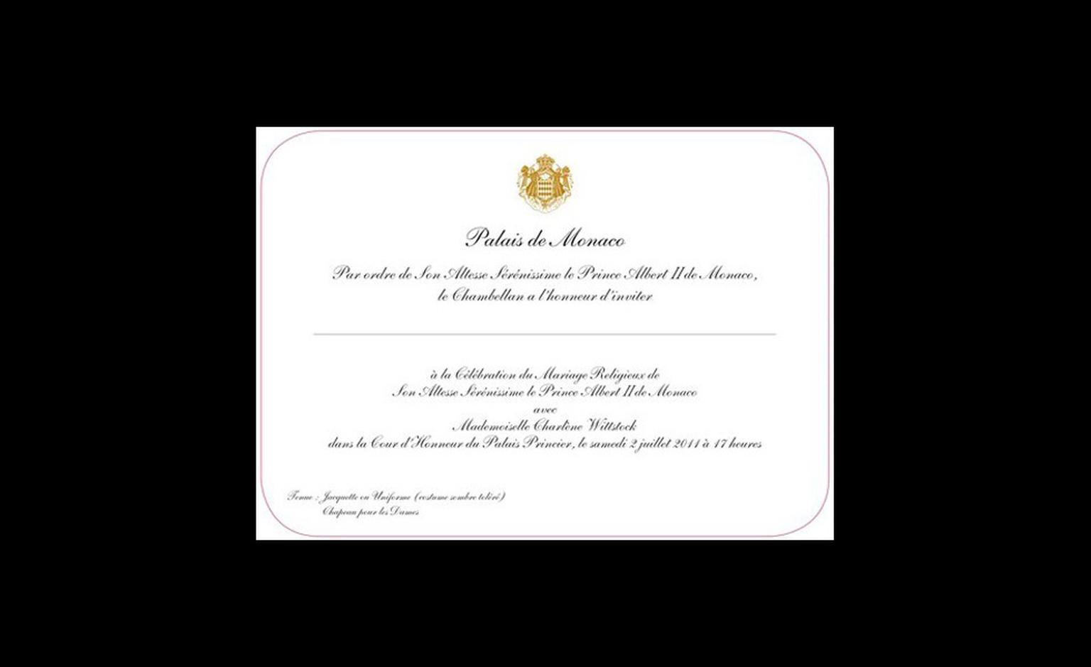 Invitation to the Monaco Princely wedding of Prince Albert II to Charlene Wittstock. Photo: Prince's Palace of Monaco