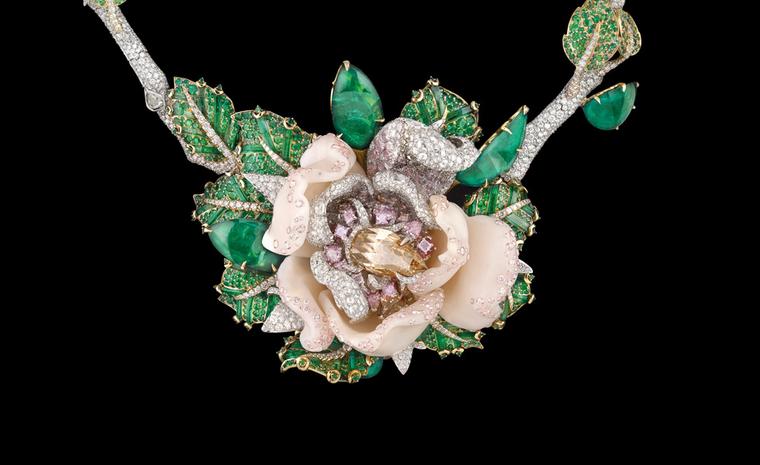 Close up of Dior Fine Jewellery Le Bal des Roses, Bal de Mai necklace in white and yellow gold with diamonds, fancy brown diamond, fancy pink, lilac and mauve diamonds, pink opals and emeralds.