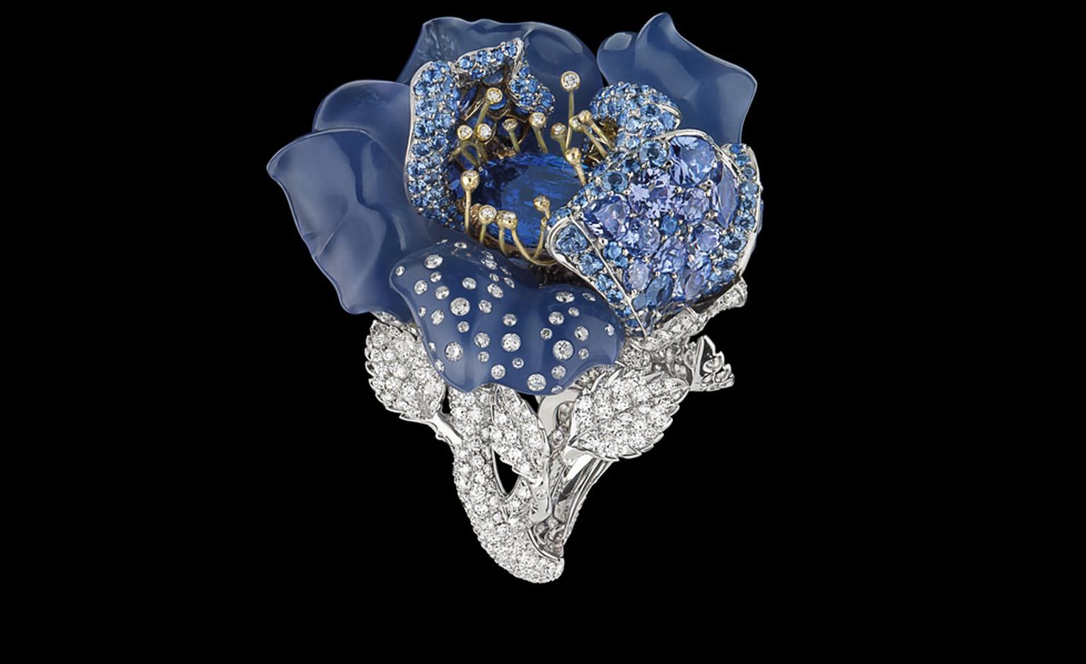 DIOR FINE JEWELLERY LE BAL DES ROSES BAL BLEU NUIT RING WHITE AND YELLOW GOLD, DIAMONDS, GREY DIAMONDS, SAPPHIRES, BLUE CHALCEDONY AND TANZANITES.