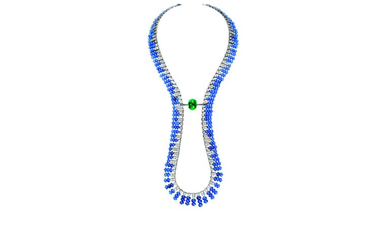 BOUCHERON. Beau Rivage necklace, set with an oval cabochon emerald and sapphire beads, paved with diamonds, on white gold. The center stone is detachable to be worn separately; the necklace could then be worn as a sautoir. POA