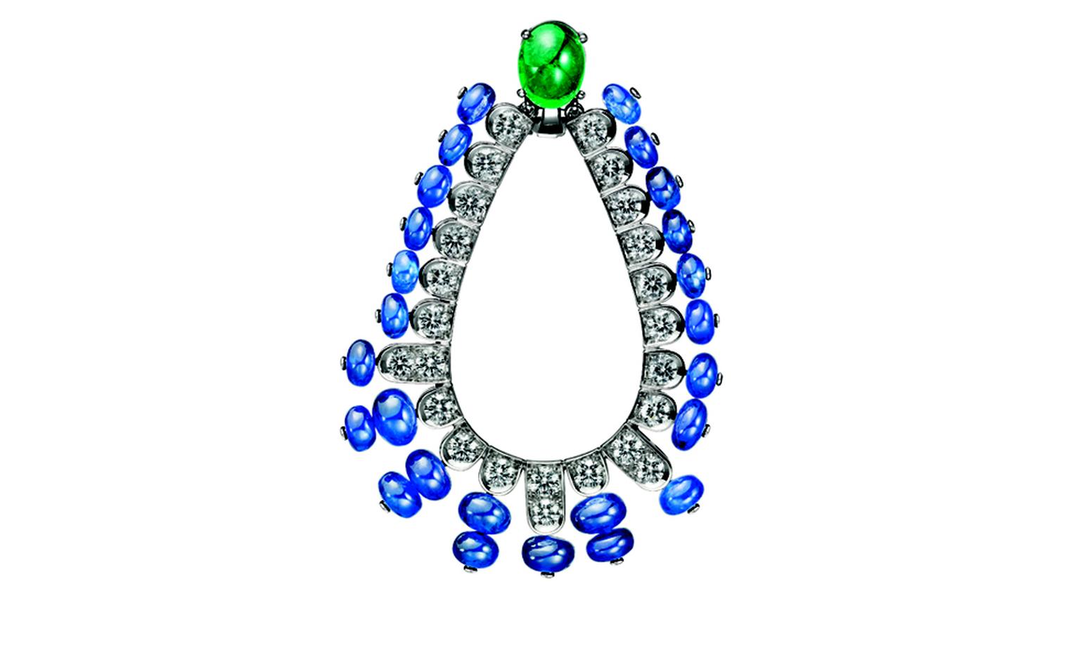 BOUCHERON. Beau Rivage earrings, set with an oval cabachon emerald and sapphire beads, paved with diamonds, white gold. POA