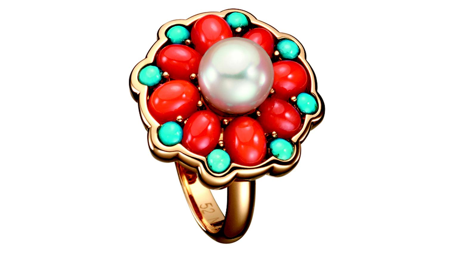 BOUCHERON. Paraggi ring, set with round cultured pearls, round turquoise and oval red corals, on pink gold. POA