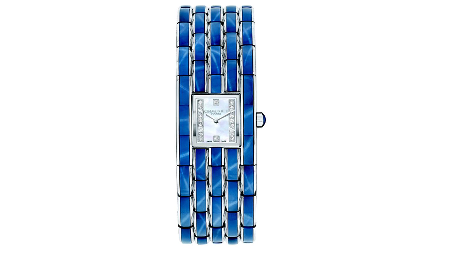 CHAUMET. Khesis Crystal cuff watch 'Blue' with blue 'star' crystal links. POA