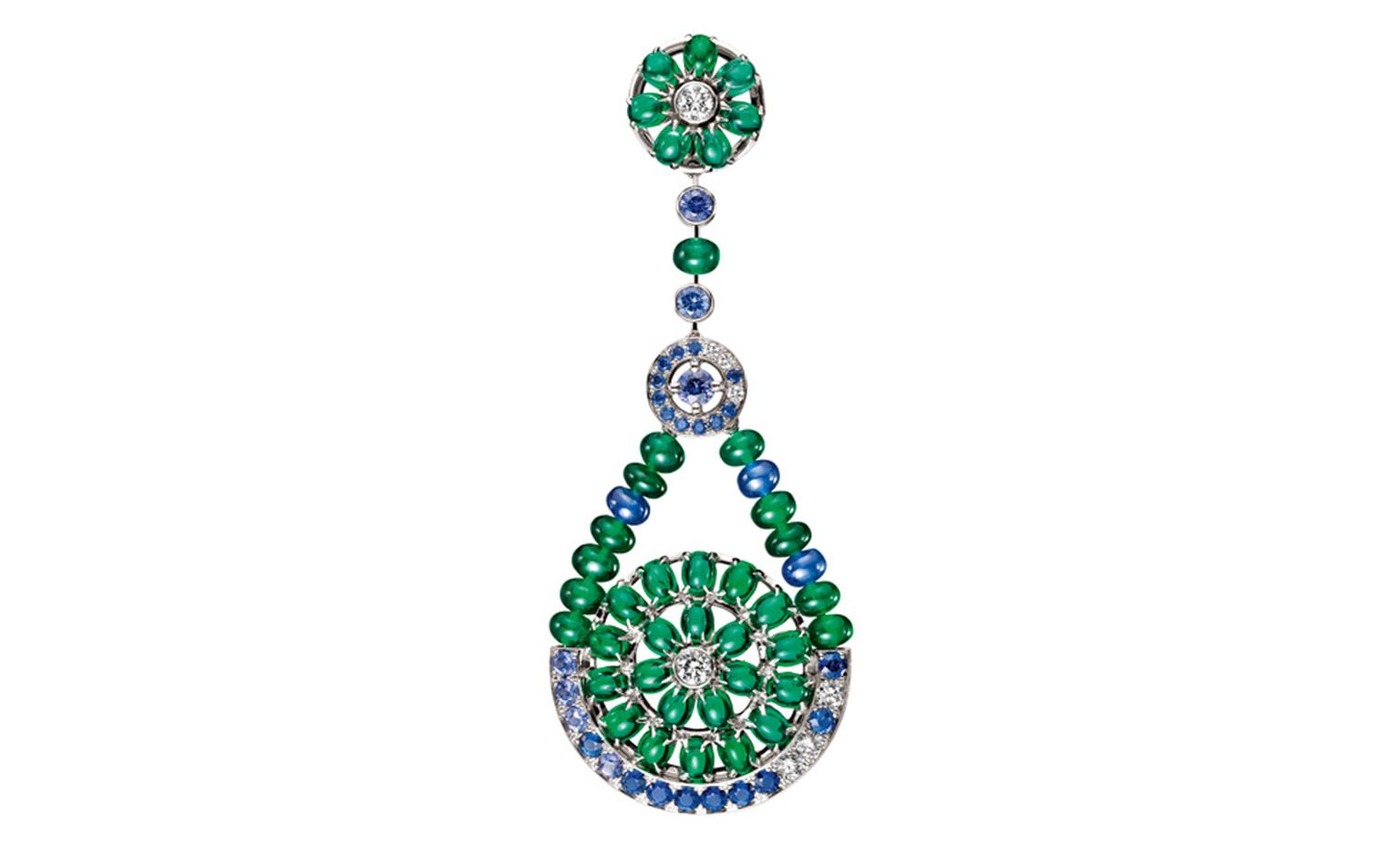 Boucheron Capriccioli  earrings,  paved  with  emerald  beads  and  sapphires,  oval  cabochon  emeralds,  blue  and   purple  sapphires  and  diamonds,  on  white  gold. POA
