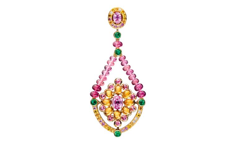 Boucheron Isola Bella earrings, set with pink oval sapphires, paved with orange, pink and yellow sapphires and diamonds, on yellow gold. POA