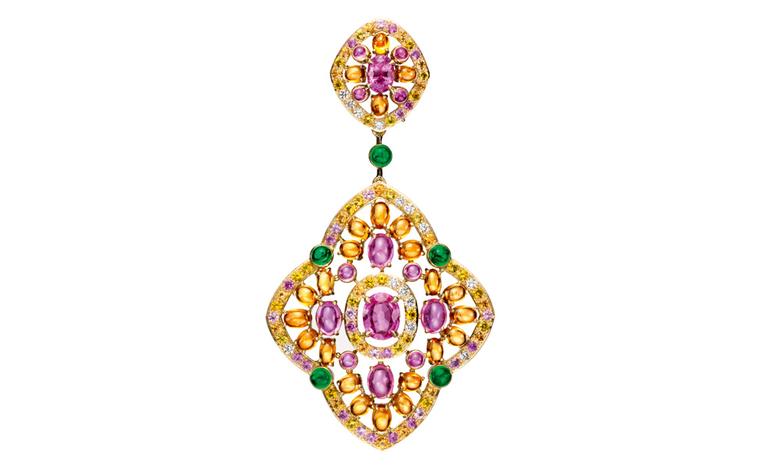 Boucheron Isola   Bella   earrings,   set   with   pink   oval   sapphires,   paved   with   orange,   pink   and   yellow   sapphires  and  diamonds,  on  yellow  gold. POA