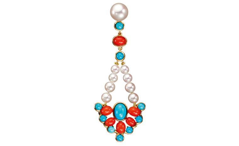 BOUCHERON. Paraggi earrings, set with round cultured pearls, round turquoise and oval red corals, on white gold. POA