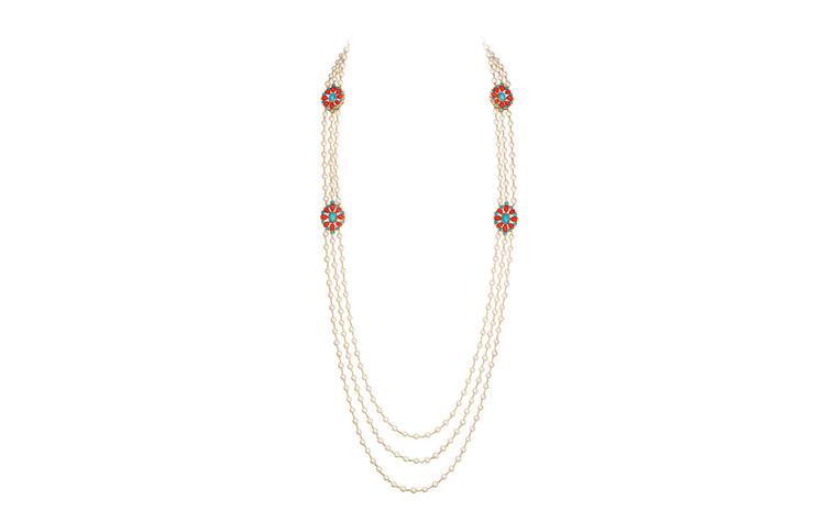 BOUCHERON. Paraggi necklace, set with round cultured pearls, round turquoise and oval red corals, on pink gold. POA