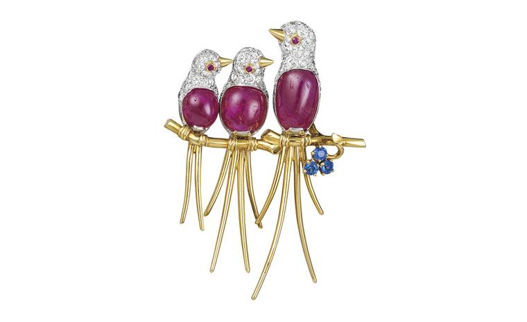 Van Cleef & Arpels Lovebirds clip. Gold, rubies, sapphires & diamonds, 1954. Formerly in Her Imperial Highness Princess Soraya of Iran’s Collection.