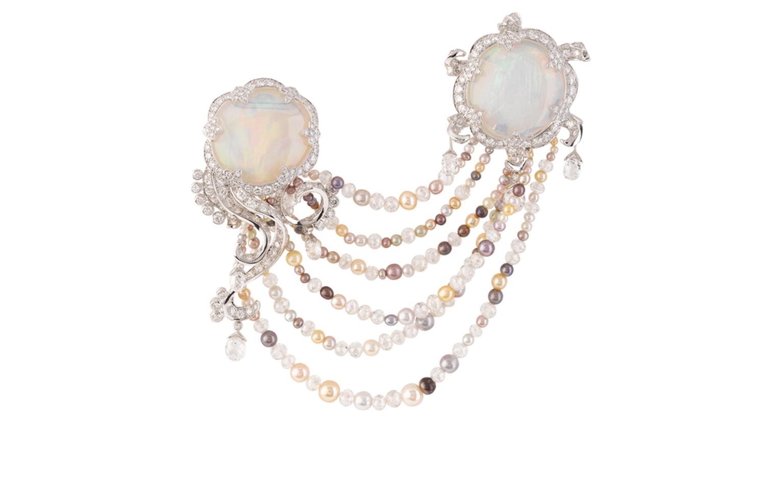 VAN CLEEF & ARPELS. Méduse Lune Clip, Les Voyages Extraordinaires High Jewellery Collection, white gold, round and briolette-cut diamonds, multi-coloured natural pearls, 2 white opals. POA