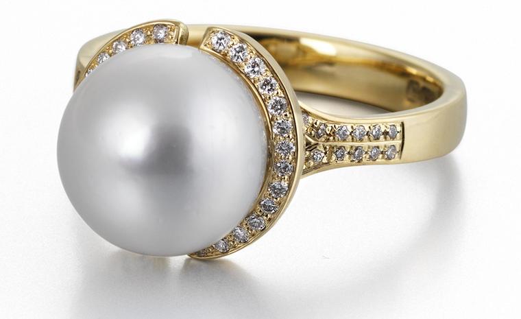 18 carat yellow gold, diamond and south sea pearl ring by James Newman. Price from £2,850