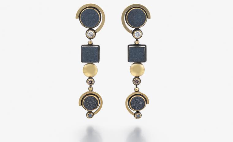 Earrings in 24 carat gold and silver set with black, brown and white diamonds and agate by Barbara Bertagnolli. Price from £2,600