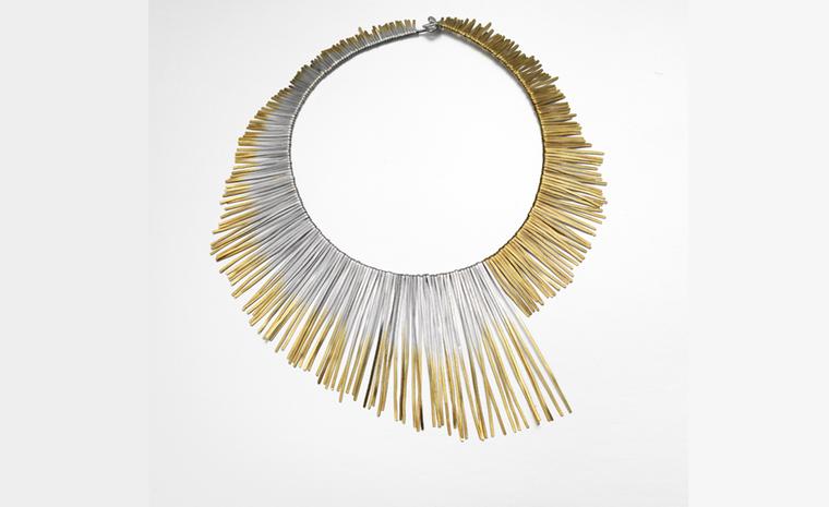 Solar Shimmer Neck, piece by Melanie Ankers. Silver and gold-plated silver inspired in its design by solar flares. Price from £920