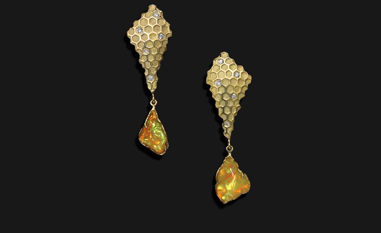 Ornella Iannuzzi: Would you like a drop of Tej Madame? Earrings. With hand-carved fire Wello opals (6cts) set in 18k gold, with diamonds. Unique piece. £7,000.