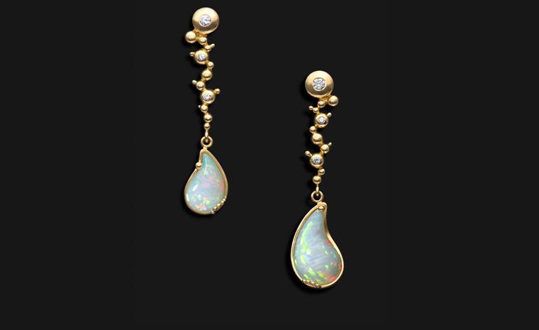 Ornella Iannuzzi: Holy Water in Debre Libanos Earrings. Made with hand-carved Wello opals (5,5cts) set in 18k gold with diamonds. Unique Piece. £4,500.