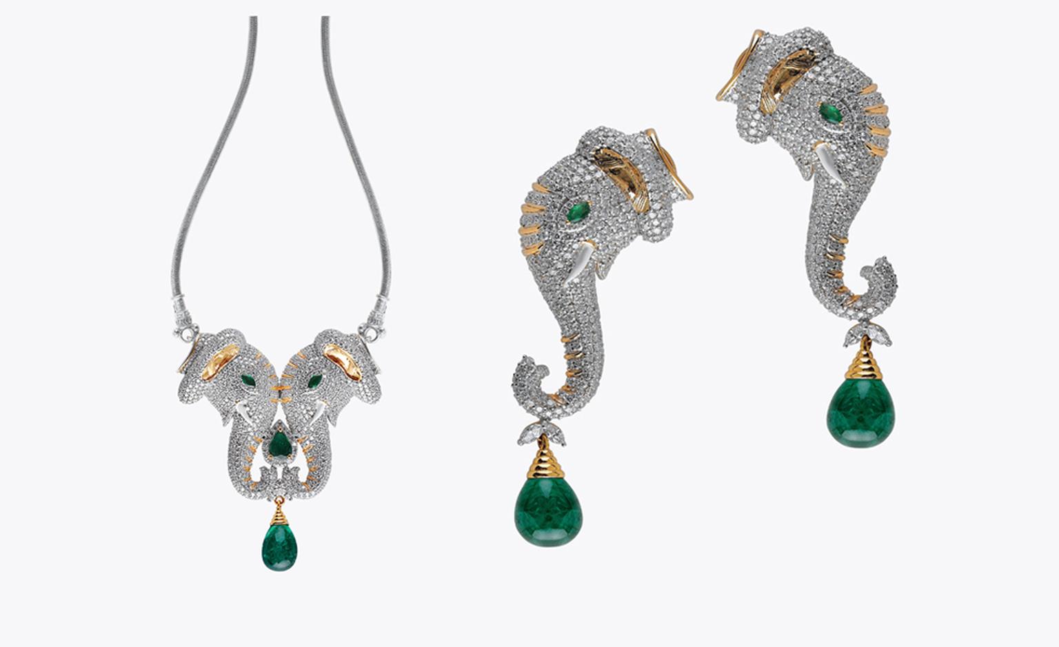 Abaran, Bangalore. Necklace and earrings, Zambian emeralds and diamonds in yellow  gold. Sold as a set, price from $65,000.