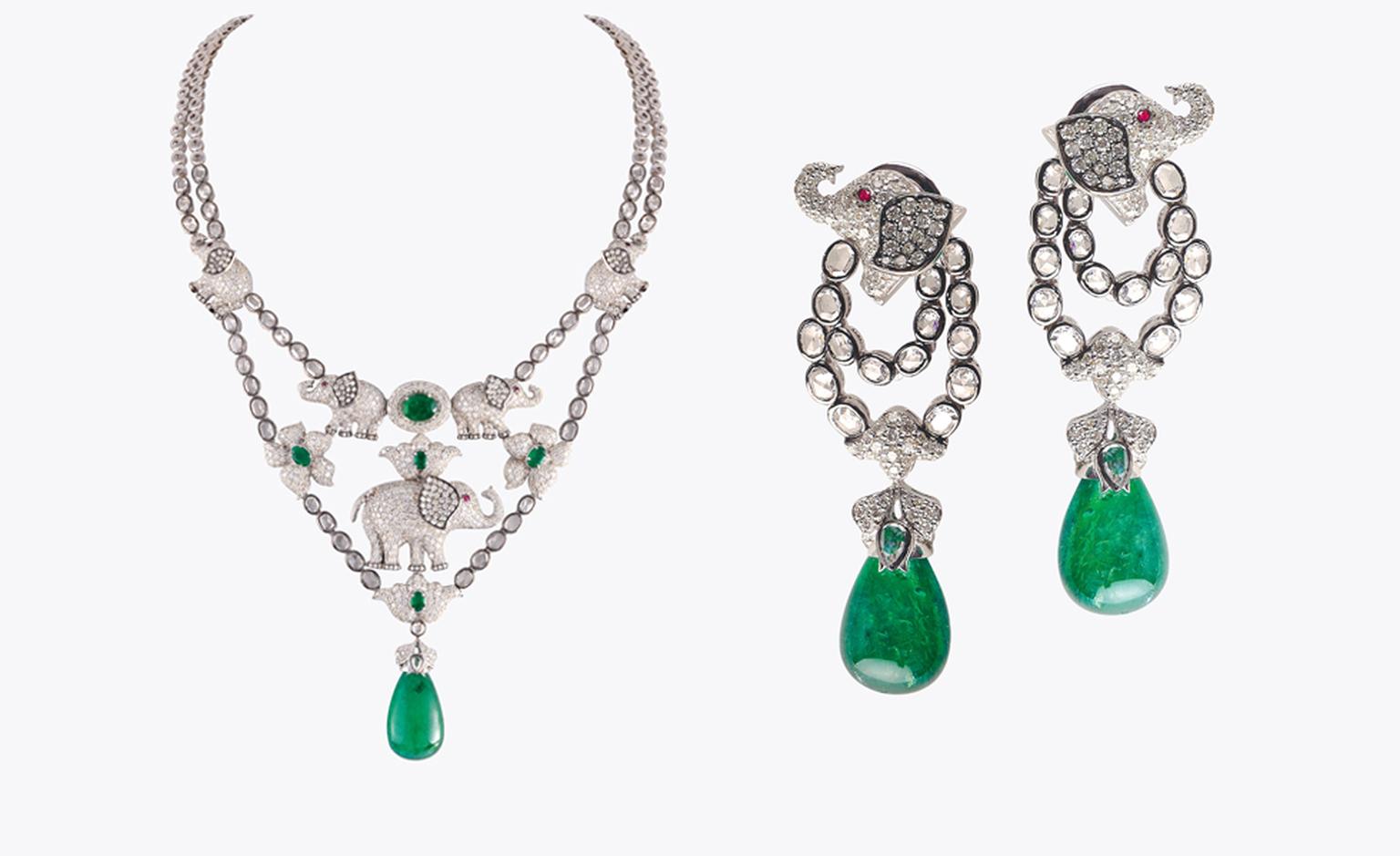 Khanna, New Delhi. Necklace and earrings, Zambian emeralds and diamonds. Sold as a set, price from $40 000.